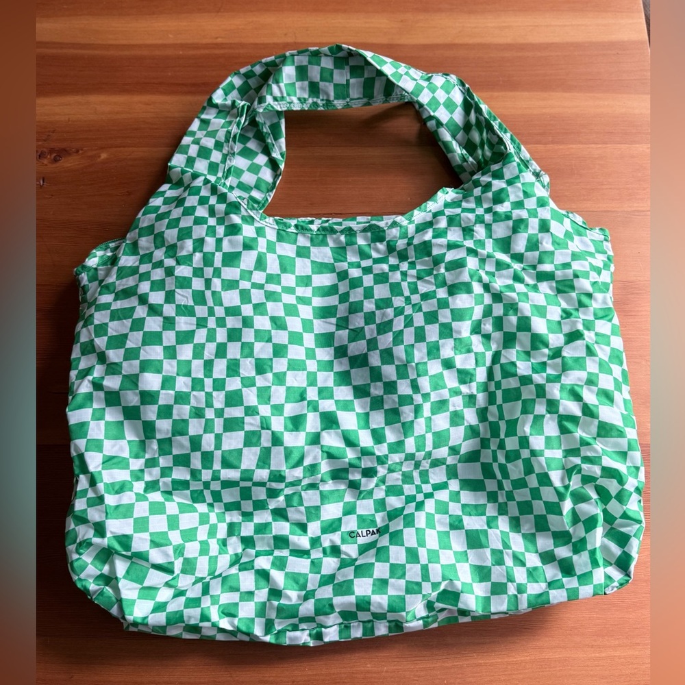 Calpak Green and White Checkered Tote Bag